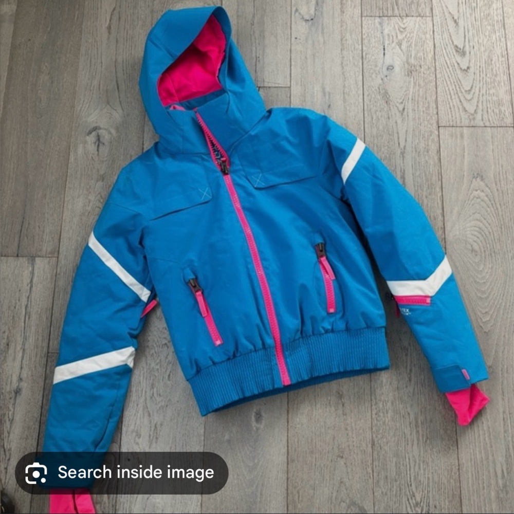 WOMENS Spyder ski jacket. Blue and Pink Hooded Jacket